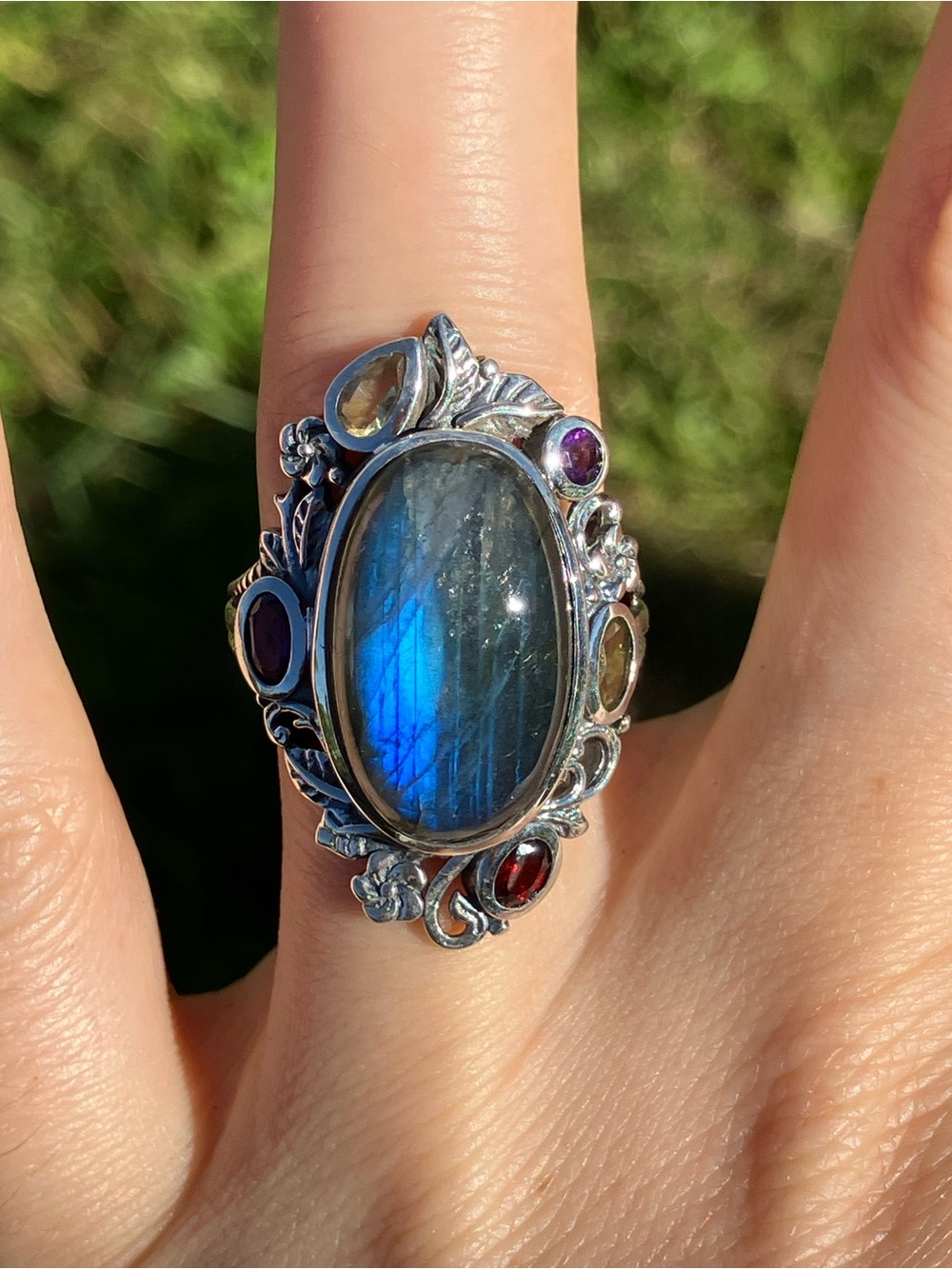 Natural Labradorite Sterling Silver Cocktail Ring Size 7